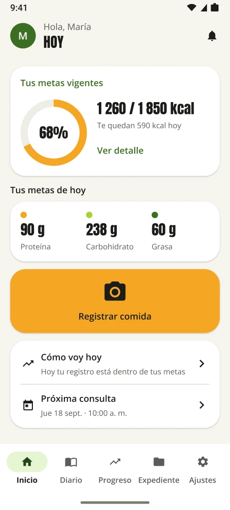 Pantalla de inicio de la app Healthify con las metas del día, los macronutrientes, el botón para registrar comidas y la próxima consulta
